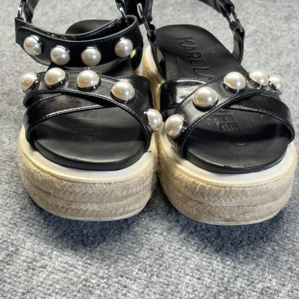 Karl Lagerfeld Womens Black Platform Espadrille Sandals Pearl Ankle Strap 7M